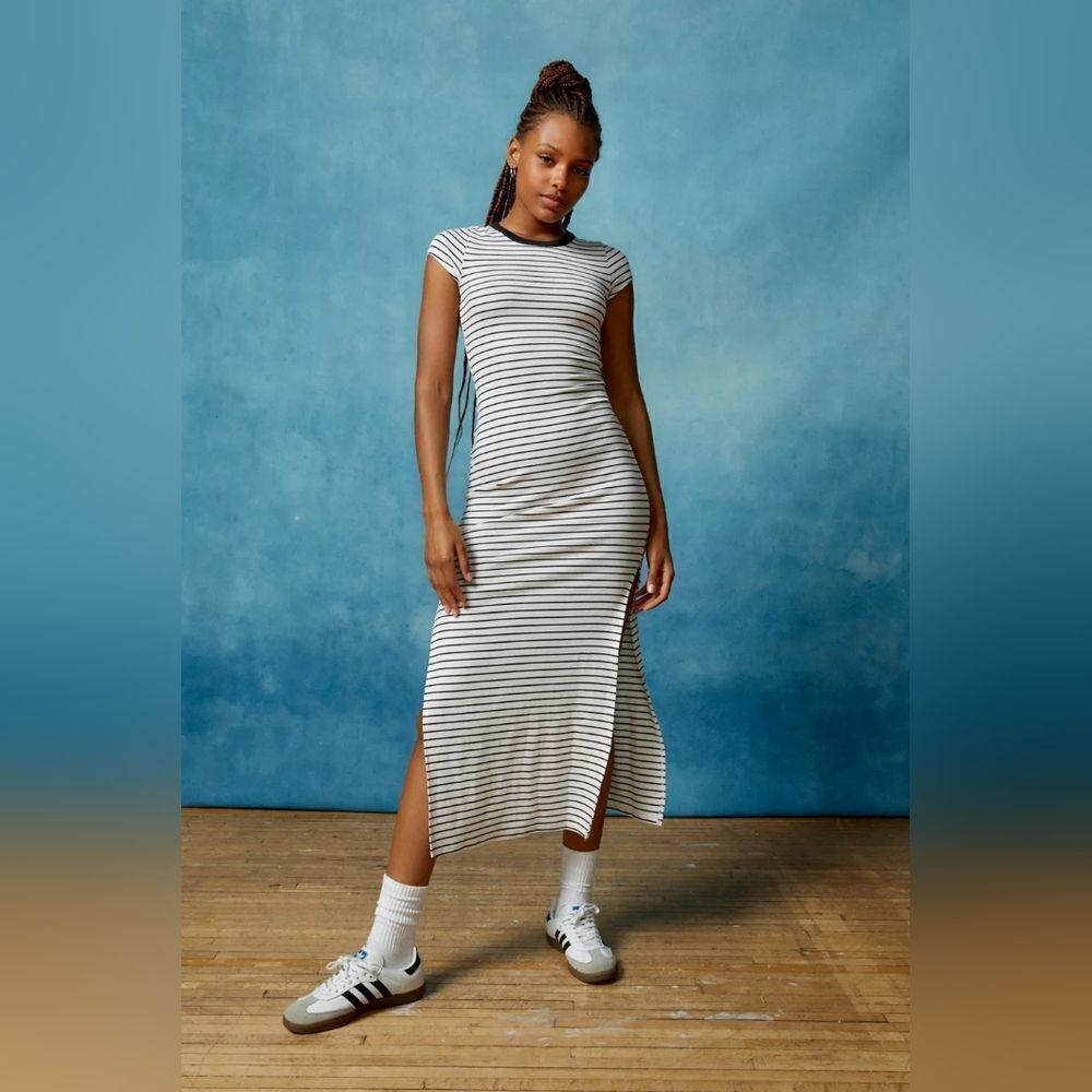 UO White Stripes cotton Midi T Shirt dress sz s